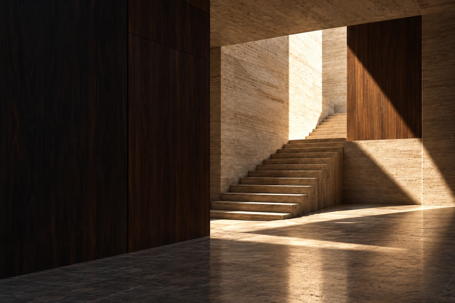 Monumental travertine staircase rising into afternoon light