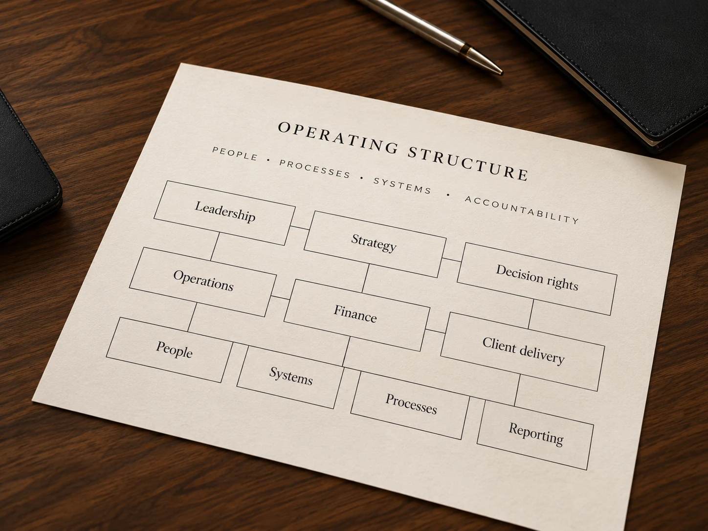 Illustrative operating architecture working document on a walnut desk